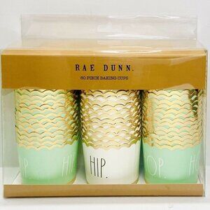 NWT - Rae Dunn Hip Hip Hop 60 Baking Cups Light Green White with Gold Accents